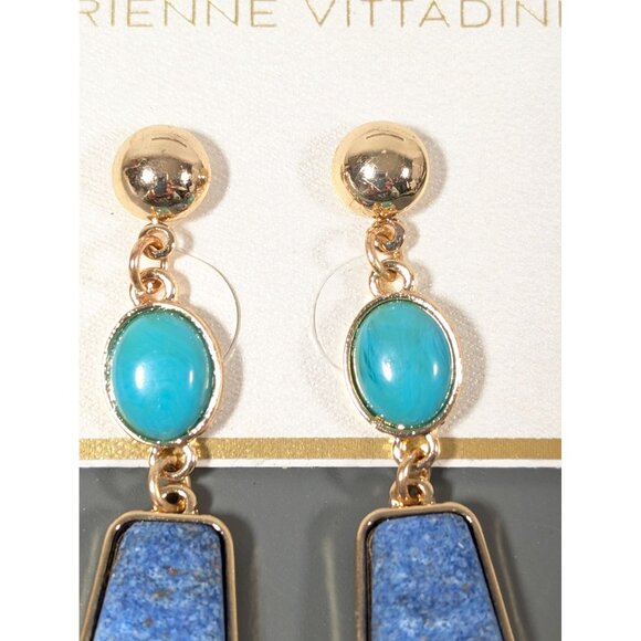 Adrienne Vittadini Earrings Blue Faux Stone Stacked Dangle Gold Tone Boho Elegan - Picture 3 of 6